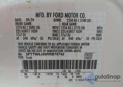 2024 Ford Maverick Xlt из США, поврежденный, VIN 3FTTW8J98RRB70742